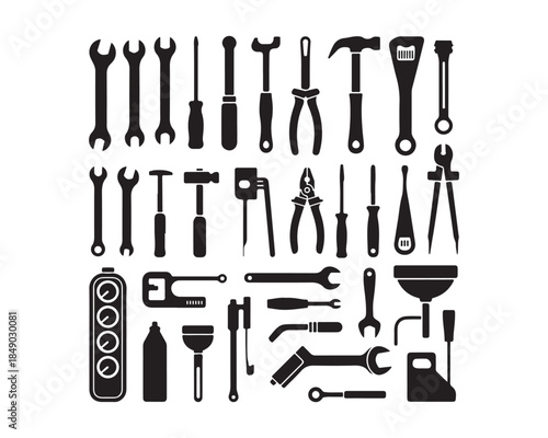 mechanic tools, ratchet wrench, Hammer, gear symbol, torque wrench, oil can, spanner pair, hex nut, flat screwdriver silhouette, mechanic tools black vector silhouette illustration different set