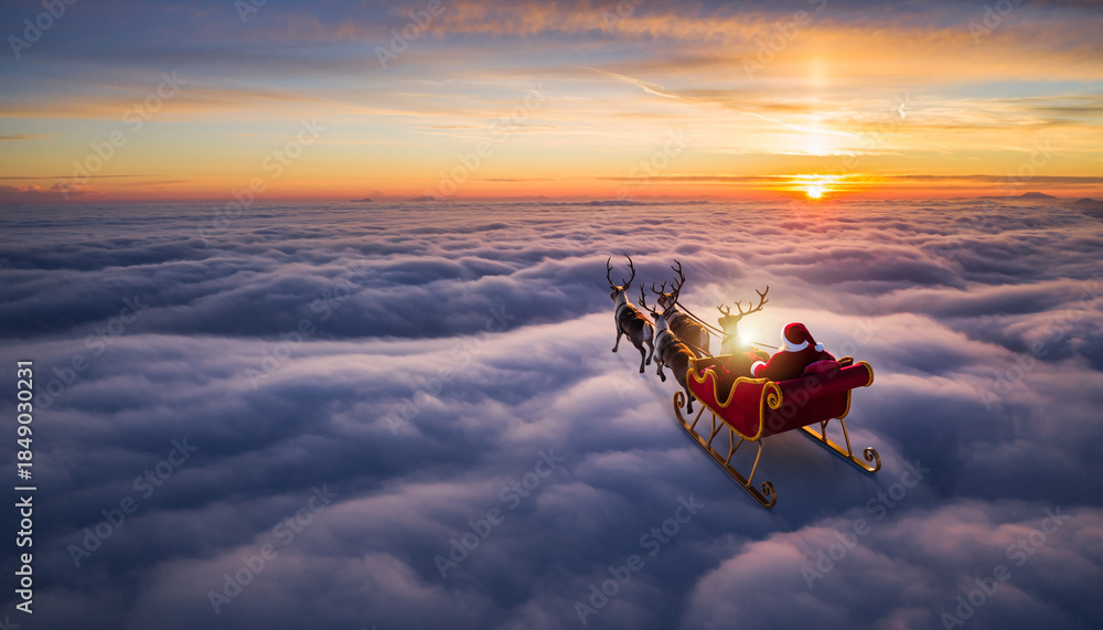 Fototapeta premium Santa's sleigh flying above the clouds at dusk, Santa's sleigh flying above an ocean of clouds illuminated by the sunset. Shades of orange, pink, and gold paint the sky