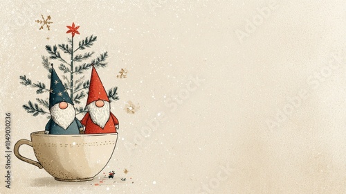 Festive gnomes in a teacup with a tiny Christmas tree and whimsical snowflake background