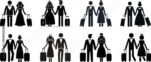 Honeymoon Travel Silhouette. A series of icons depicting couples in wedding attire holding hands with suitcases, symbolizing travel and romance.