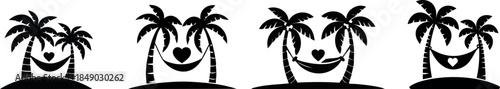 Romantic Beach Honeymoon Silhouette. A set of four playful graphics featuring palm trees and hammocks, creating a relaxed and cheerful vibe.