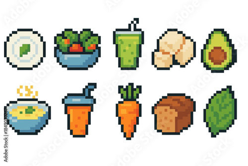 Healthy food icon set. Pixel art fruits, vegetables, snack icons collection in flat style