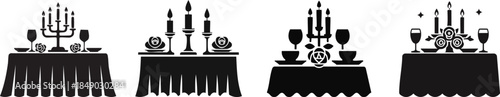 Romantic Honeymoon Dining Silhouette. Elegant table settings featuring candles, plates, and decorative elements, ideal for romantic dinners or special occasions.