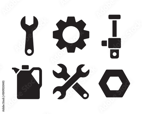 mechanic tools, ratchet wrench, Hammer, gear symbol, torque wrench, oil can, spanner pair, hex nut, flat screwdriver silhouette, mechanic tools black vector silhouette illustration different set
