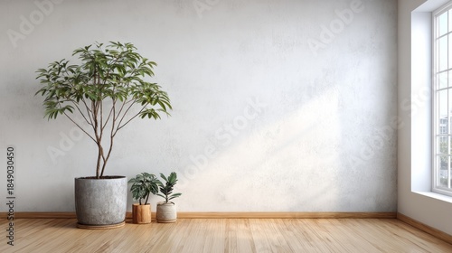 Several potted tropical foliage plants adorn the corner of a bright room with wooden flooring and a textured white wall.