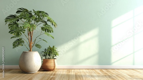 Two potted tropical plants rest against a pale green wall with bright sunlight casting a window pattern on the surface