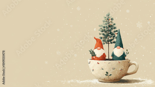 Festive gnomes in a teacup with tiny Christmas tree, whimsical illustration with copy space