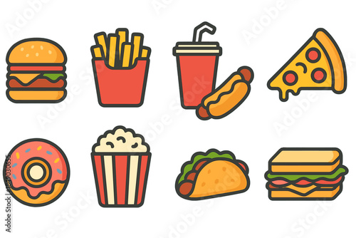 Food and drink flat icon set. Fast food, snacks, beverages, dessert icons collection