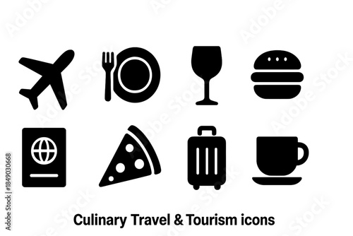 Culinary travel and tourism icon set. Flat style vacation, food, and travel icons