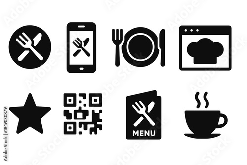 Restaurant, food silhouette icon set. Dining, menu, cuisine, chef icons collection