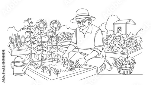 High-quality black continuous line art of an elderly person gardening as a community volunteer, senior civic engagement, outdoor activity, minimalistic illustration