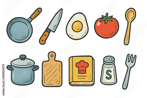 Cooking utensils icon set: hand-drawn kitchen tools for creative projects