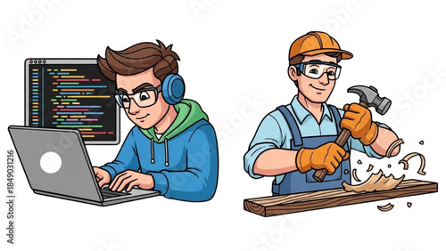 High-quality black outline colorful art of a software developer coding on a laptop next to a carpenter working with a hammer and wood, tech and trade professions, collaborative work illustration