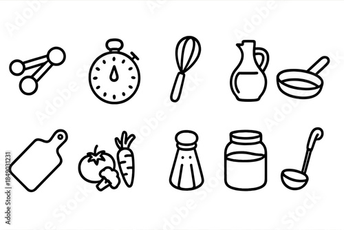 Culinary outline icon set: kitchen tools and ingredients in modern line style