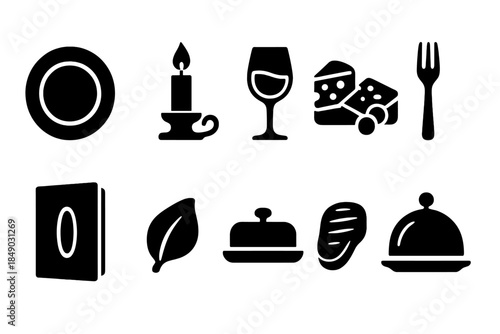 Dining silhouette icon set. Simple, elegant tableware and food icons collection