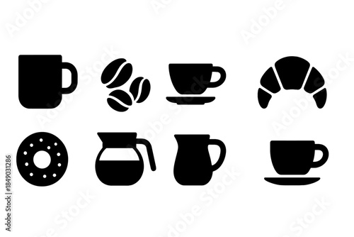 Coffee silhouette icon set. Beverage and breakfast elements in dark design