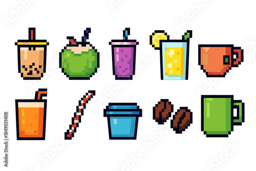 Beverage pixel icon set featuring colorful drink illustrations in retro style