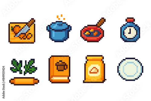 Cooking and baking pixel icon set. Retro, kitchen, culinary, food, outline style.