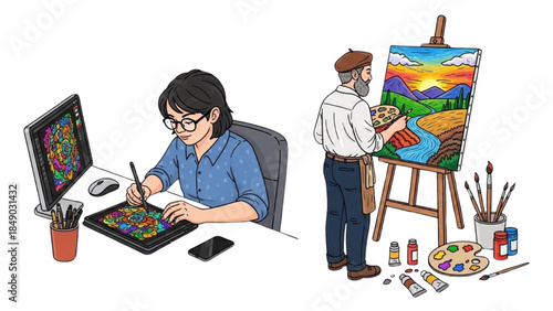 High-quality black outline colorful art of a graphic designer drawing on a tablet next to a traditional painter painting on a canvas, digital and traditional art professions, collaborative creativity 