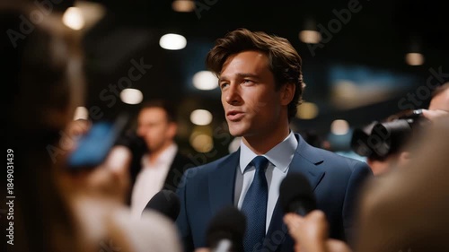 An ambassador addressing a crowded press conference as reporters raise microphones and jot down notes, responding calmly to challenging international questions — public diplomacy, transparent