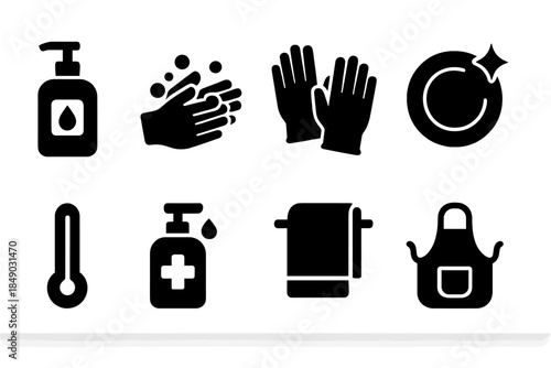 Kitchen and cleaning silhouette icon set: hygiene, cooking, and housework essentials