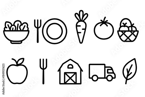 Organic farming icon set. Agriculture, harvest, fresh produce linear icons collection