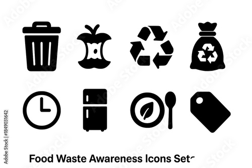 Food waste awareness silhouette icon set. Sustainability, recycling, eco-friendly symbols.