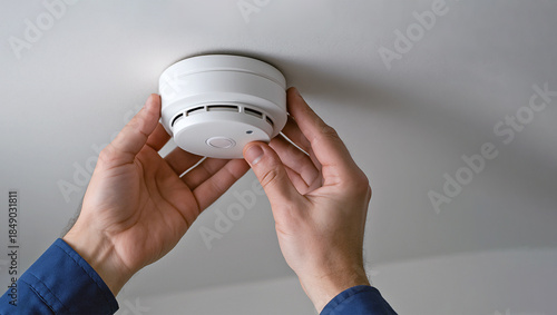 Technician installing a smoke alarm on the ceiling, professional home safety service scene highlighting fire prevention, residential security, and modern safety standards.