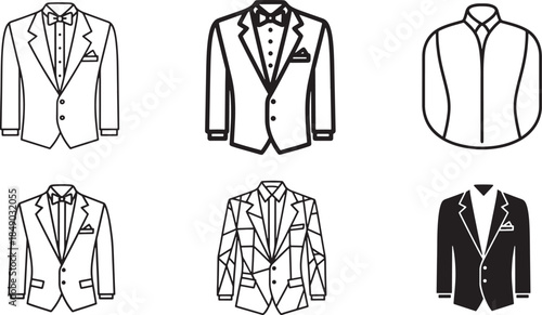 Mens Fashion Suit and Formal Wedding Tuxedo Icon Set Featuring Various Styles from Classic Line Art to Modern Geometric Silhouettes for Groom Apparel Design