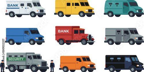 Armored cash transport and security vans collection, bank money vehicles, guarded delivery trucks flat vector illustration set