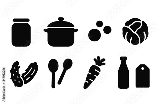 Silhouette icon set for kitchen essentials: cooking, utensils, pantry items collection