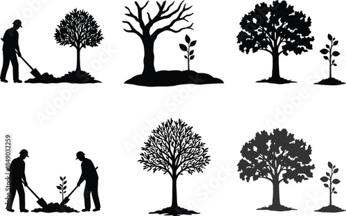 Silhouette of people planting trees, environmental conservation vector illustration symbolizing nature care, green ecology, sustainability, reforestation, and eco-friendly lifestyle concept design art