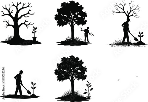 Silhouette of people planting trees, environmental conservation vector illustration, nature care and reforestation concept, save earth awareness design, eco-friendly growth symbol art