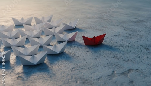 A group of white paper boats are stuck together on the beach while a single red boat stands out alone nearby.