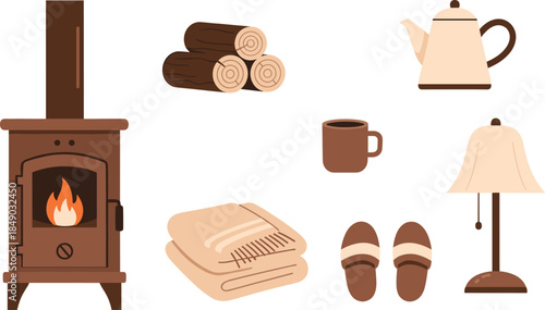 Cozy cabin interior illustration set with wood stove, firewood, blanket, slippers, tea kettle, warm home comfort flat vector