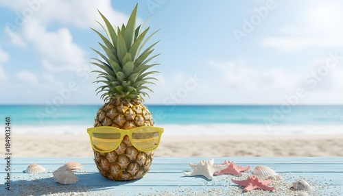 A pineapple wearing sunglasses sits on a beach board surrounded by seashells and starfish near the ocean shore.