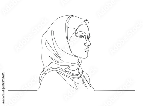 One Line Drawing of Beautiful Woman Wearing Hijab in Profile. young Muslim woman wearing a traditional hijab headscarf line art.