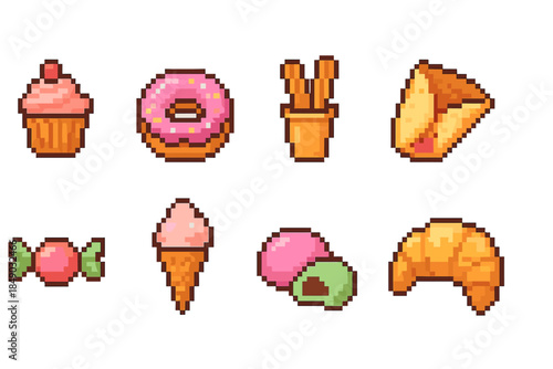 Sweets and desserts icon set. Pixelated, retro dessert icons outline style collection