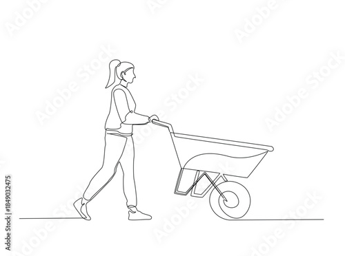 One Line Drawing of female gardener pushing wheelbarrow. Minimalist Continuous Line Art of woman walking with wheelbarrow.