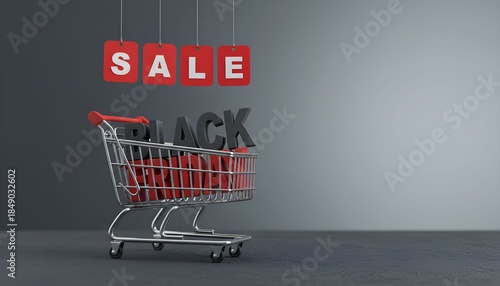 A shopping cart with red handles and wheels sits in a gray room with SALE and BLACK signs hanging above it.
