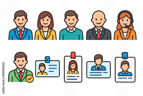 Business, employee profile flat icon set. Professional identification icons collection