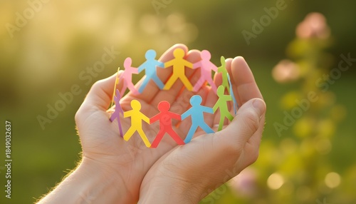 A hand holds a group of colorful paper people in a sunny outdoor environment with blurred background flowers.