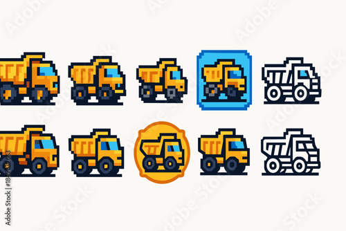 Construction, heavy equipment pixel icon set. Construction tools, vehicles pixel collection