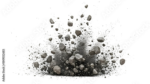 Gray rocks and debris explosion isolated on a transparent background destruction