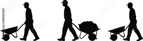 Silhouette set of construction workers pushing wheelbarrows, man transporting soil and empty cart, manual labor concept, vector illustration, black and white