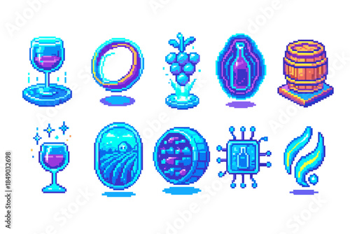 Wine and vineyard icon set. Grapes, barrel, wine glass collection in pixel art style