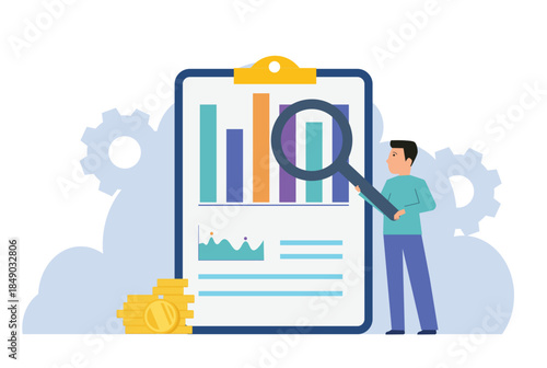 Man examining growth chart data with a magnifying glass. Overviewing finances, research, analysis, statistics, business strategy, market trends