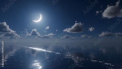 The crescent moon shines brightly in a dark blue night sky with scattered clouds over a calm body of water reflecting the lunar light.
