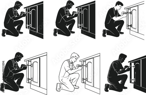 Silhouette set of locksmith technician fixing door lock with screwdriver, security repair concept, maintenance worker service illustration, professional handyman vector design