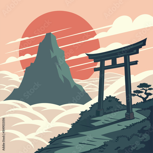 Serene Japanese torii gate on mountain peak at sunset